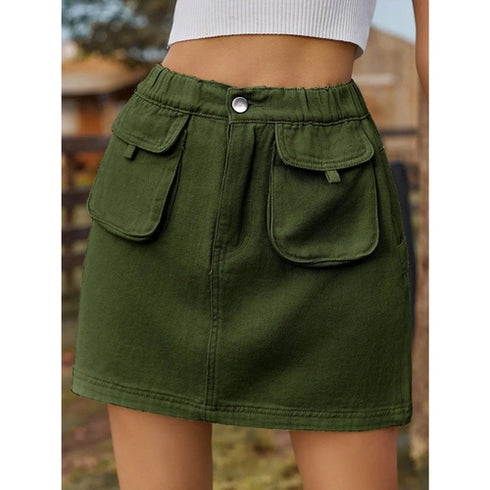 'Mariah' Elastic Waist Denim Skirt With Pockets - Celes Fashion
